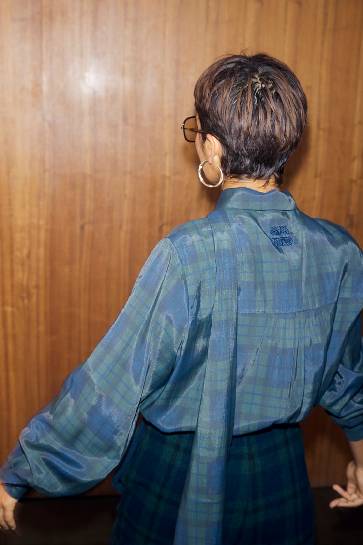 NEVER FULLY DRESSED Blue Tartan Shirt With Bow