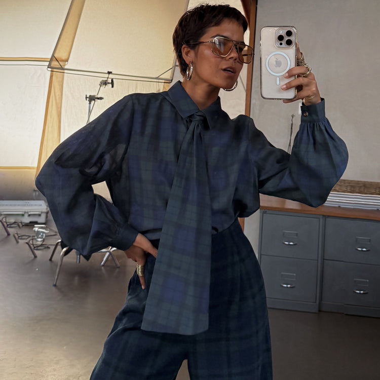 NEVER FULLY DRESSED Blue Tartan Shirt With Bow