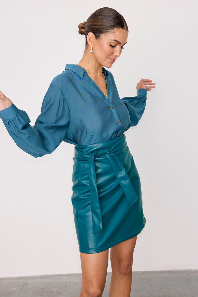 NEVER FULLY DRESSED Teal Vegan Leather Mini Jaspre Skirt Petite