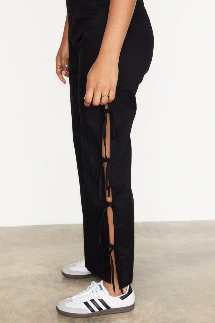 NEVER FULLY DRESSED Black Cotton Linen Tie Side Trousers