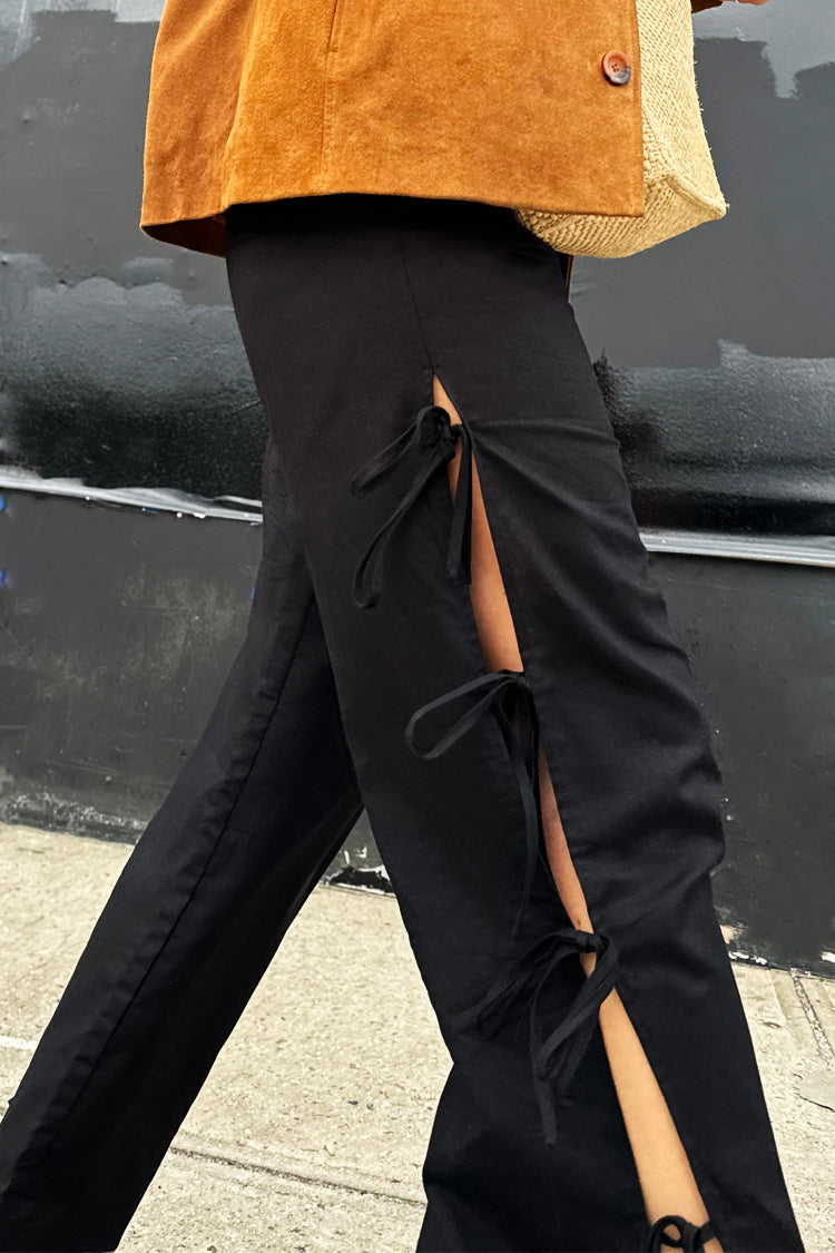NEVER FULLY DRESSED Black Cotton Linen Tie Side Trousers