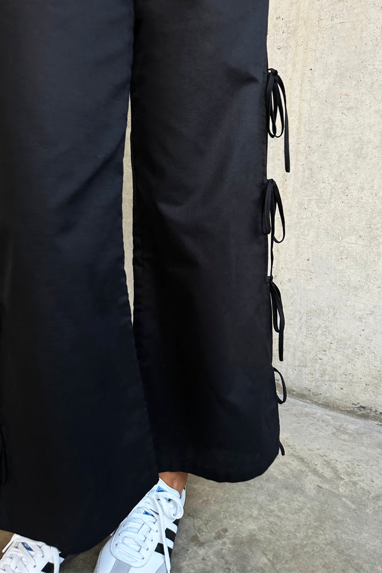 NEVER FULLY DRESSED Black Cotton Linen Tie Side Trousers
