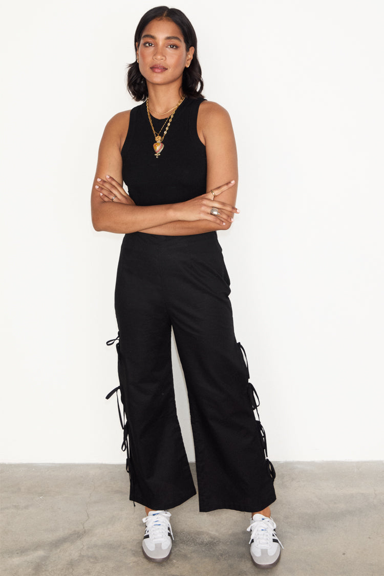 NEVER FULLY DRESSED Black Cotton Linen Tie Side Trousers