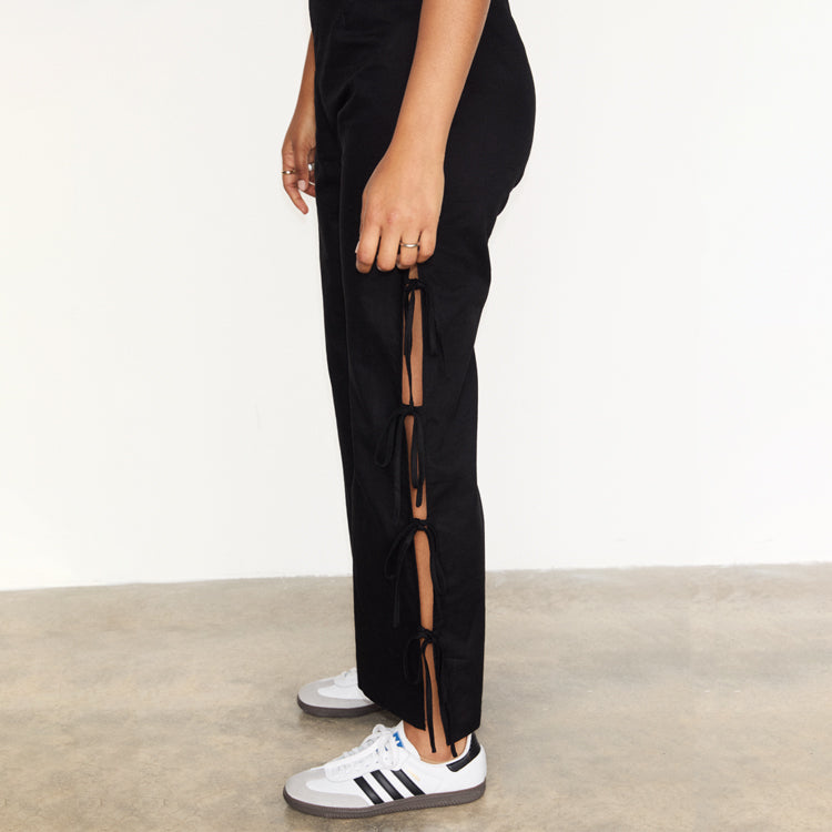 NEVER FULLY DRESSED Black Cotton Linen Tie Side Trousers