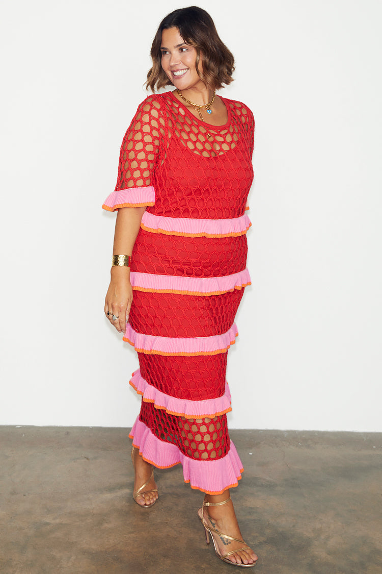 NEVER FULLY DRESSED Red Crochet Valentina Dress