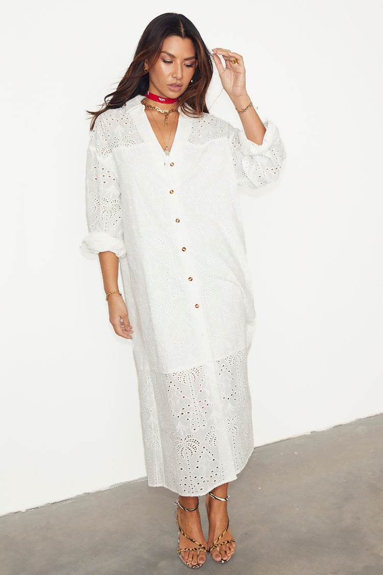 NEVER FULLY DRESSED White Palm Broderie Jenna Shirt Dress