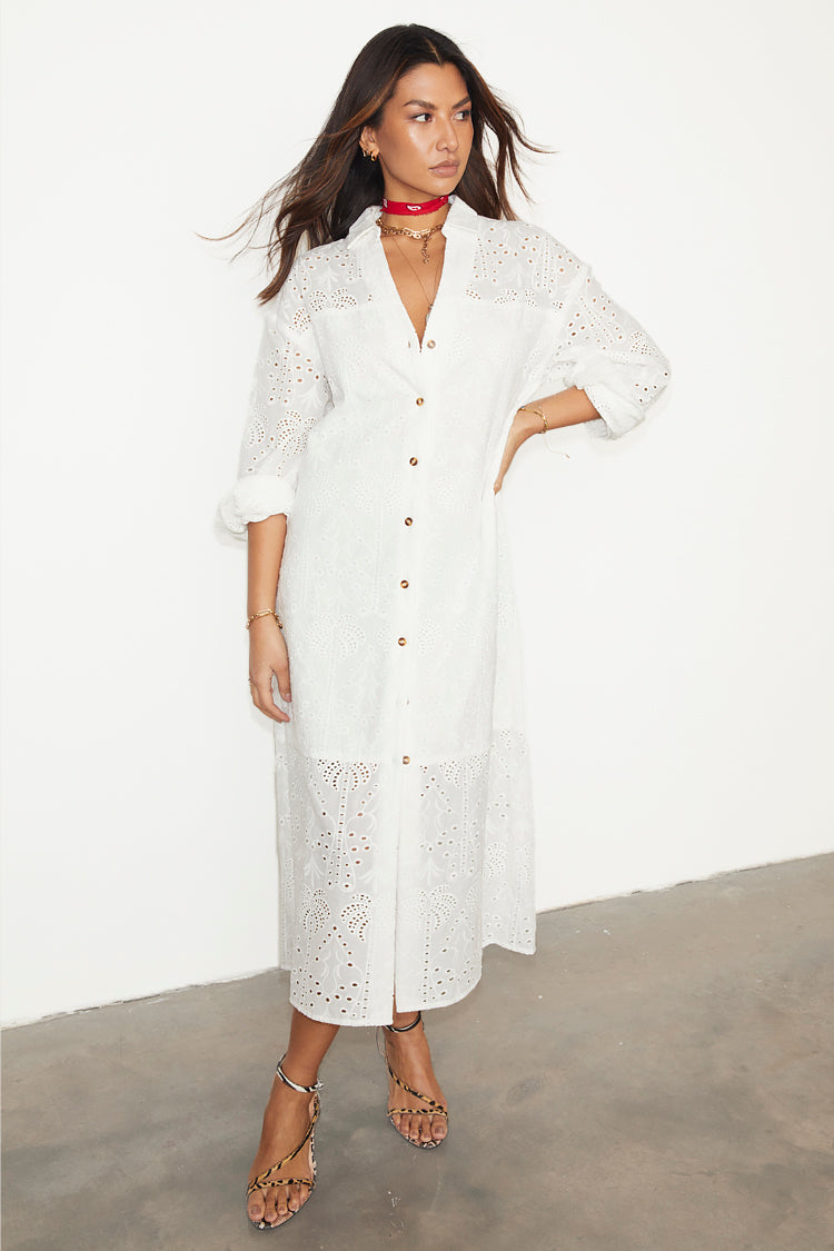 NEVER FULLY DRESSED White Palm Broderie Jenna Shirt Dress
