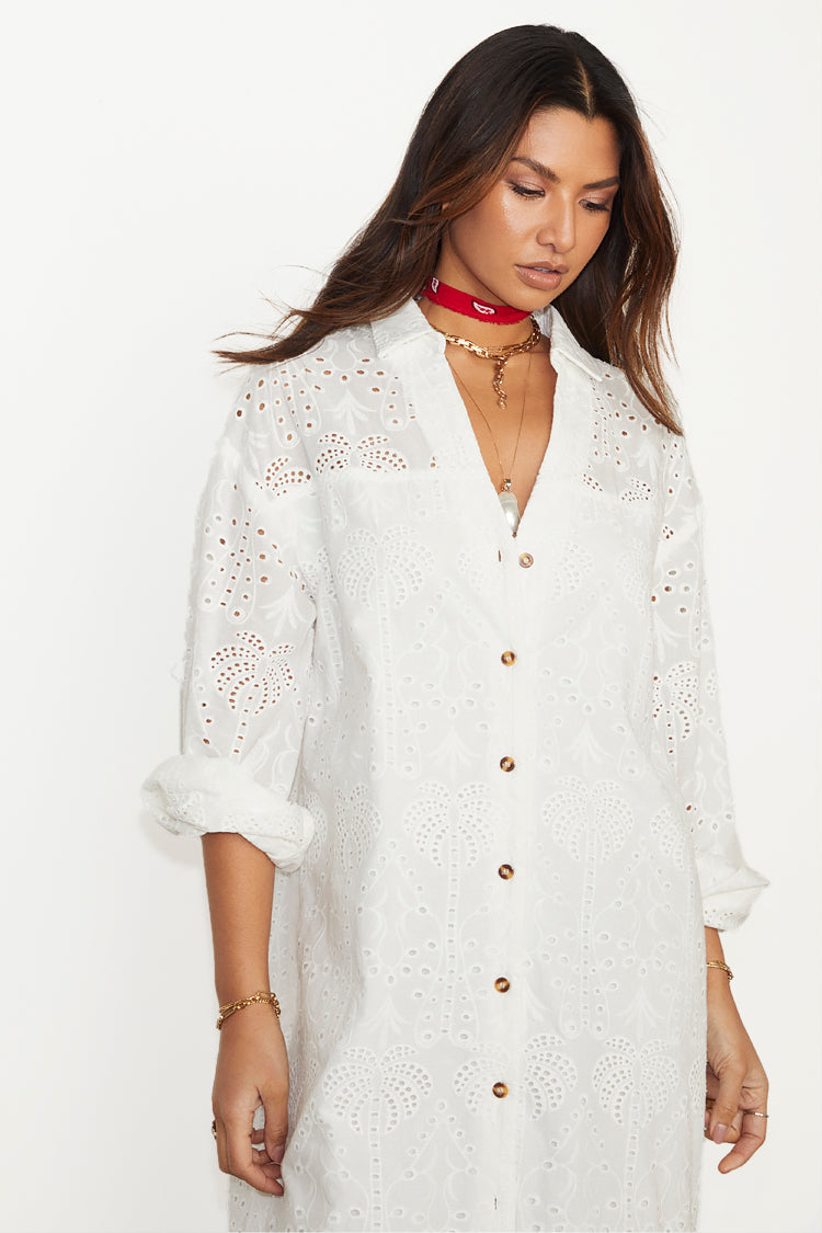 NEVER FULLY DRESSED White Palm Broderie Jenna Shirt Dress