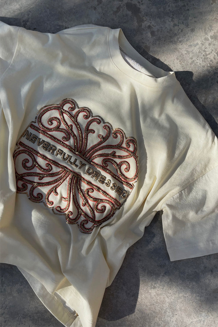 NEVER FULLY DRESSED Cream Beaded Logo T-shirt