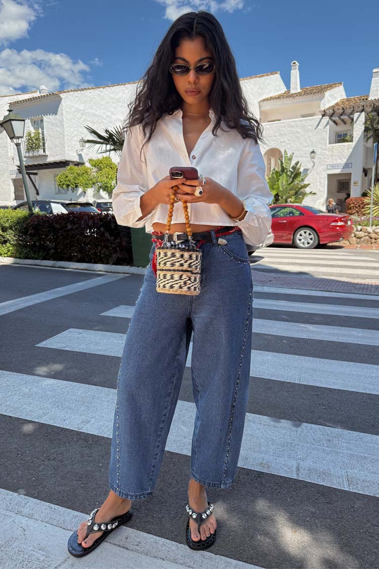 NEVER FULLY DRESSED Blue Studded Barrel Jeans