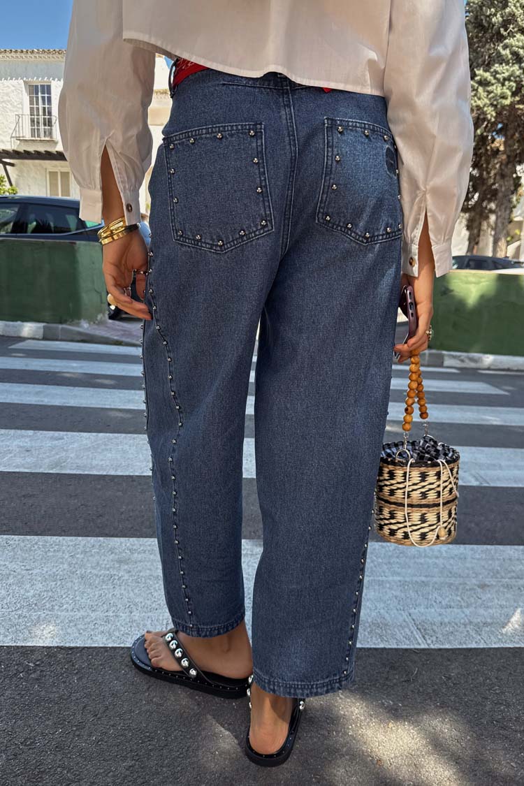 NEVER FULLY DRESSED Blue Studded Barrel Jeans