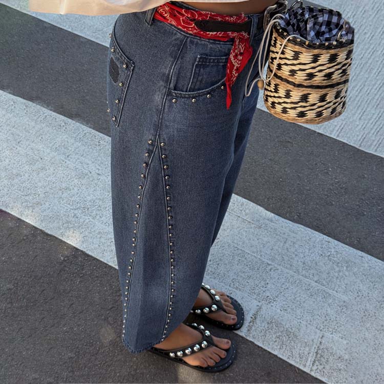 NEVER FULLY DRESSED Blue Studded Barrel Jeans