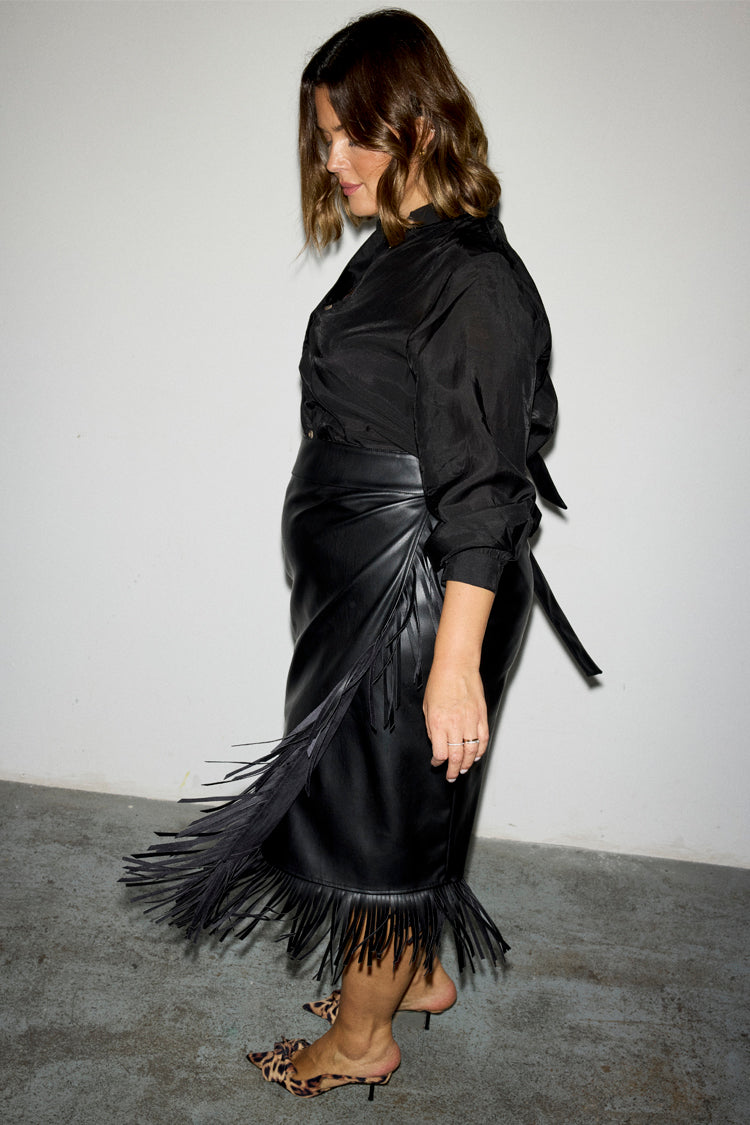 NEVER FULLY DRESSED Black Vegan Leather Fringe Midi Jaspre Skirt