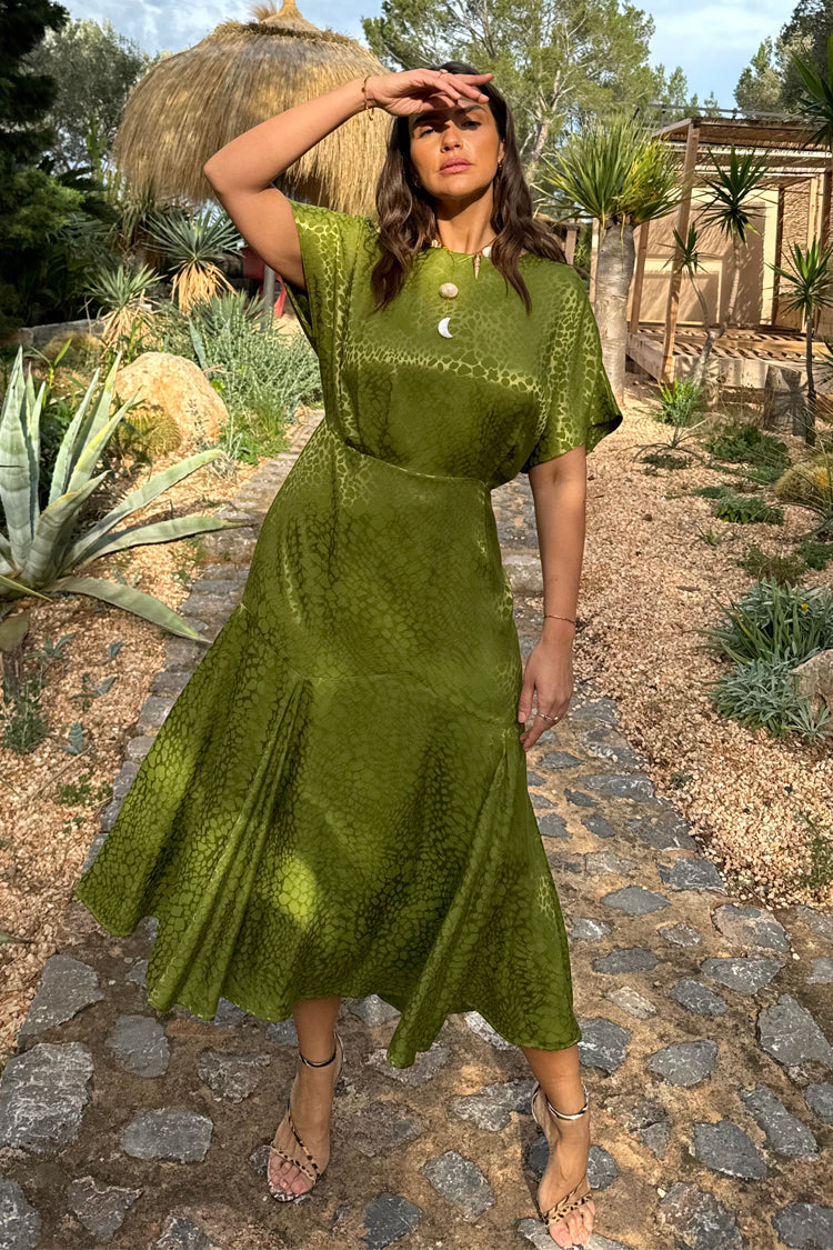 NEVER FULLY DRESSED Green Jacquard Midi Erin Dress