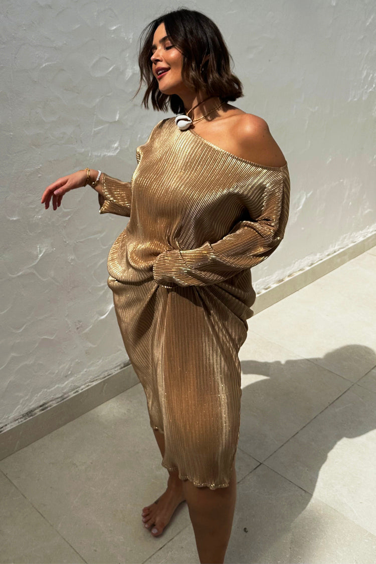 NEVER FULLY DRESSED Gold Plisse Jem Dress