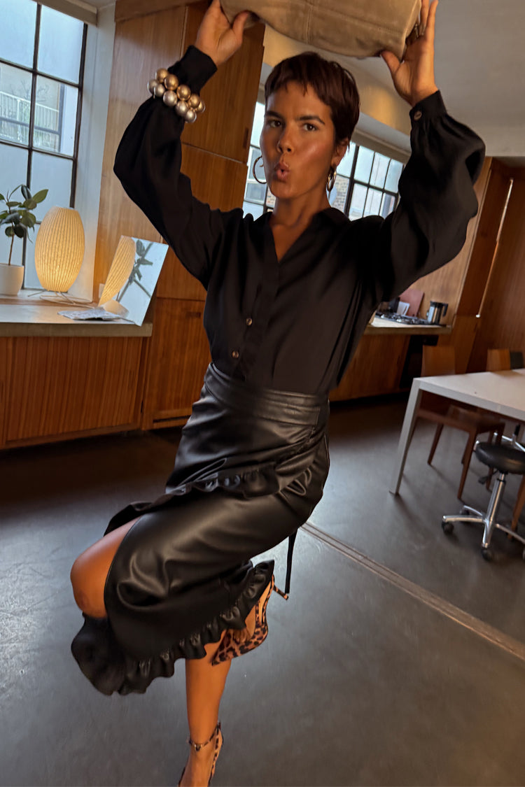 NEVER FULLY DRESSED Black Vegan Leather Ruffle Jaspre Skirt