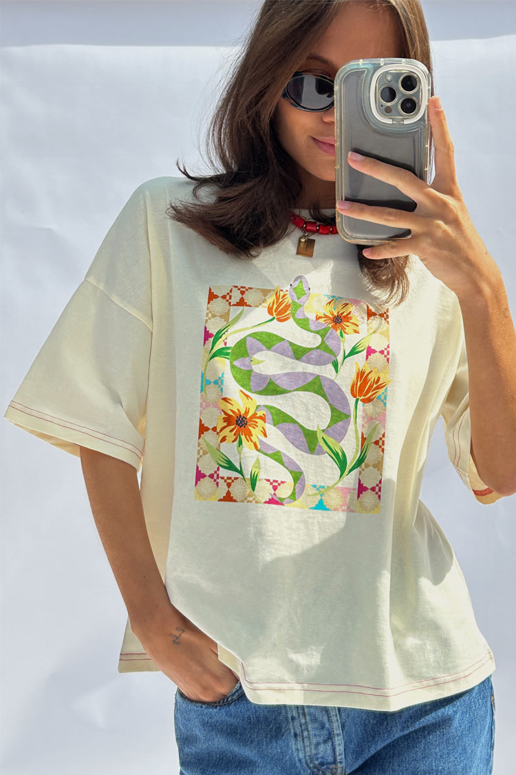 NEVER FULLY DRESSED Cream Abstract Snake T-shirt
