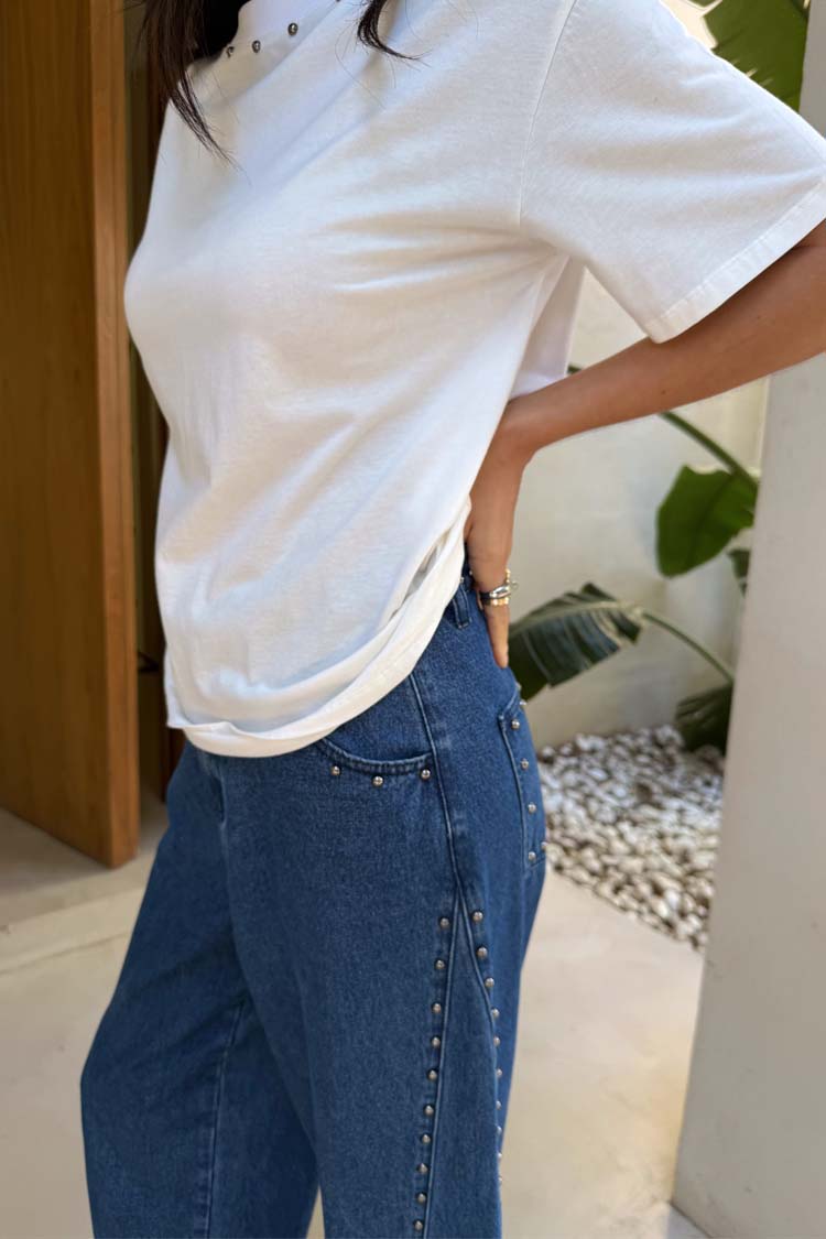 NEVER FULLY DRESSED Blue Studded Barrel Jeans