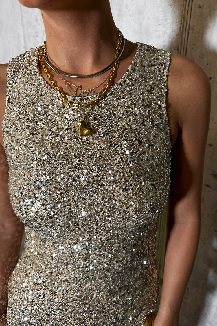NEVER FULLY DRESSED Silver Sequin Tank Top